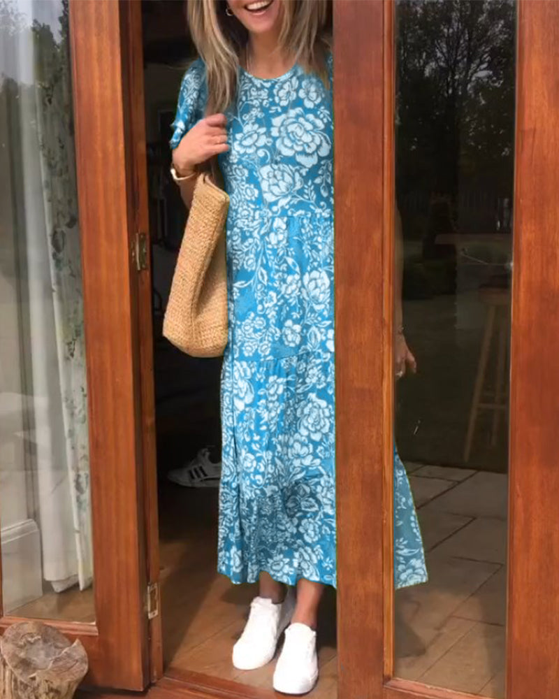 Amsterdamstyles® | Lange jurk met korte mouwen en bloemenprint