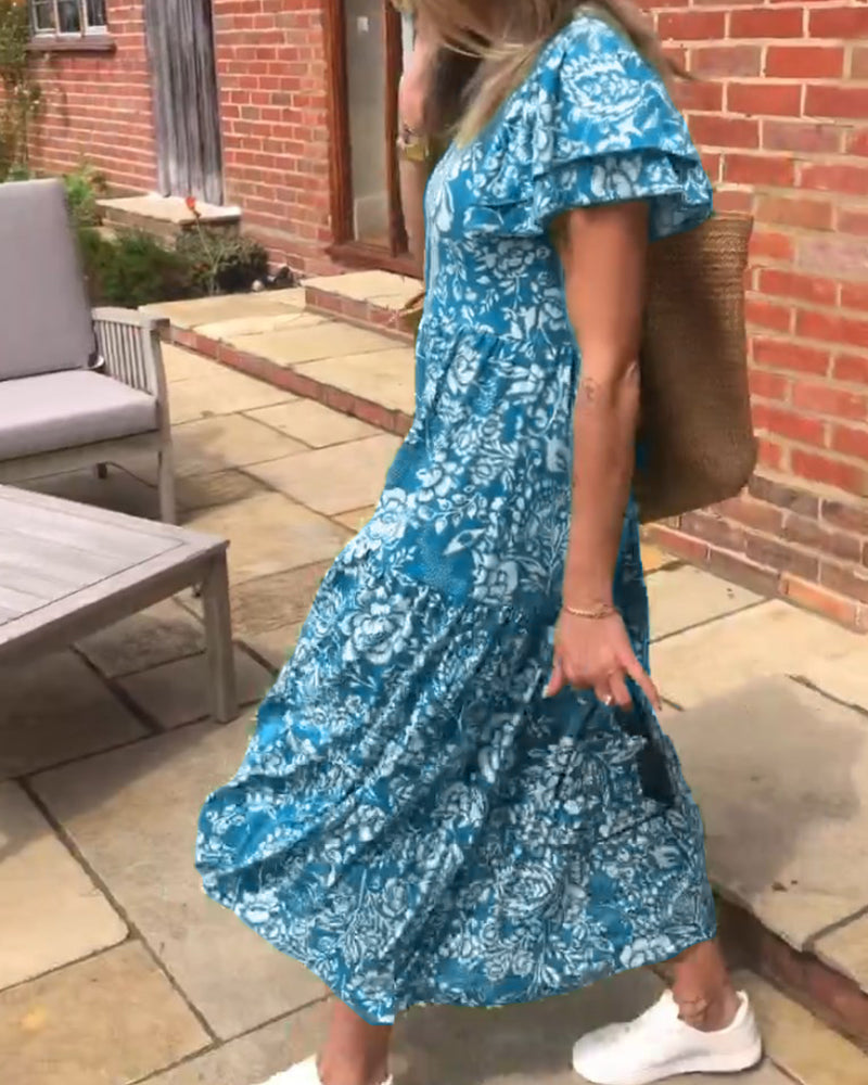 Amsterdamstyles® | Lange jurk met korte mouwen en bloemenprint