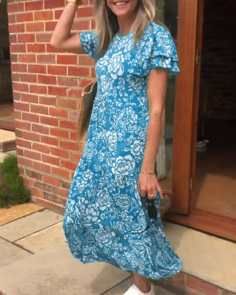Amsterdamstyles® | Lange jurk met korte mouwen en bloemenprint