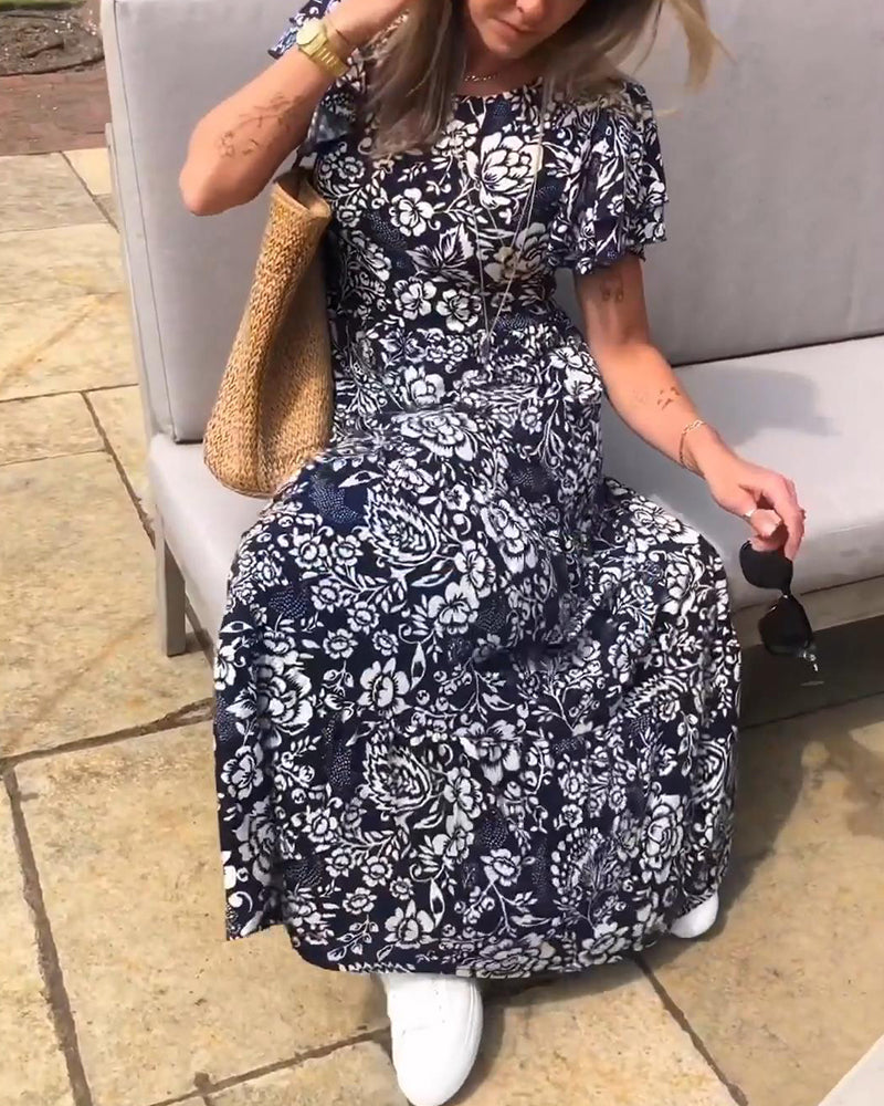 Amsterdamstyles® | Lange jurk met korte mouwen en bloemenprint