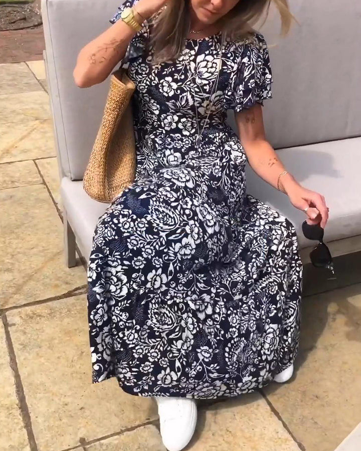 Amsterdamstyles® | Lange jurk met korte mouwen en bloemenprint