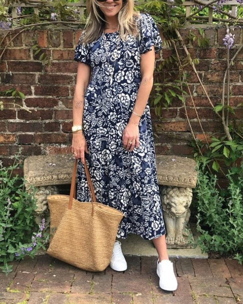 Amsterdamstyles® | Lange jurk met korte mouwen en bloemenprint