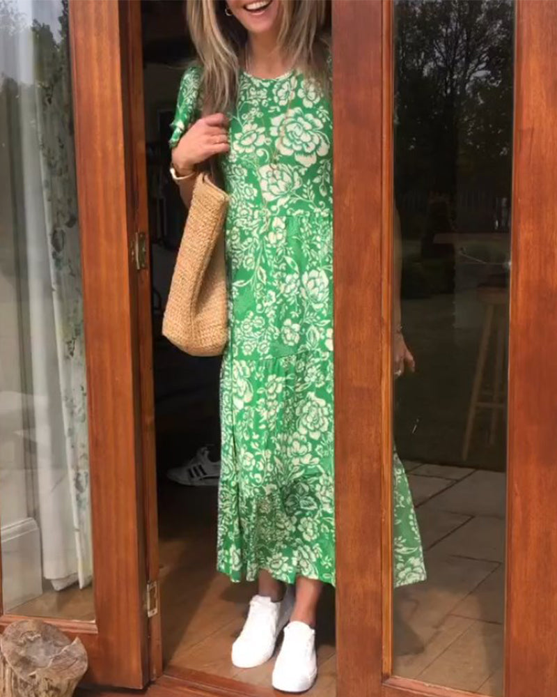 Amsterdamstyles® | Lange jurk met korte mouwen en bloemenprint