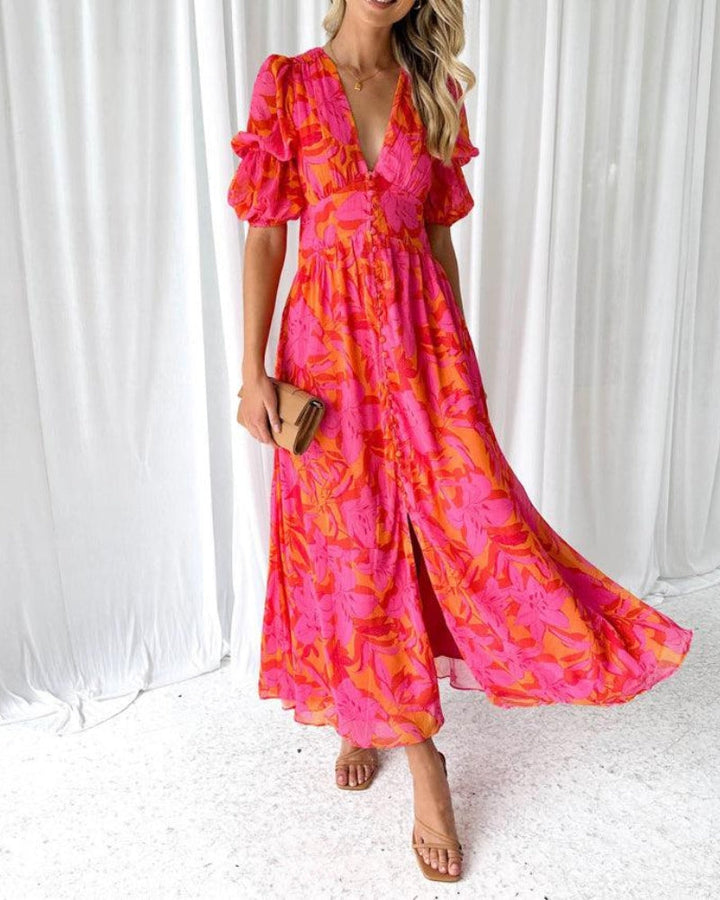Amsterdamstyles® | Elegante V-hals Maxi jurk met pofmouwen