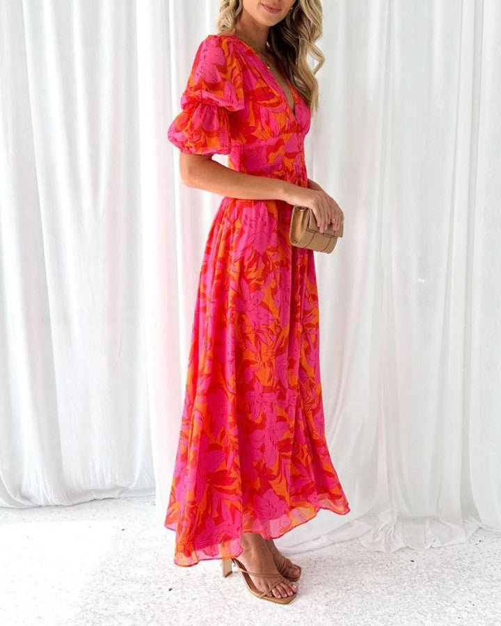 Amsterdamstyles® | Elegante V-hals Maxi jurk met pofmouwen