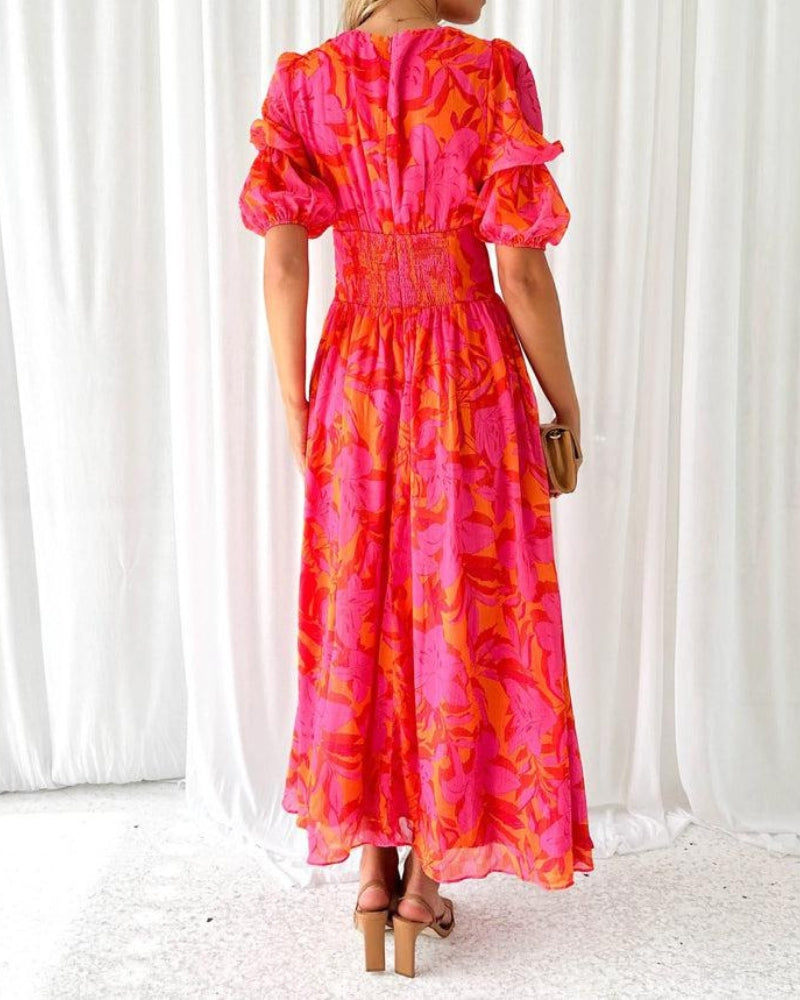 Amsterdamstyles® | Elegante V-hals Maxi jurk met pofmouwen