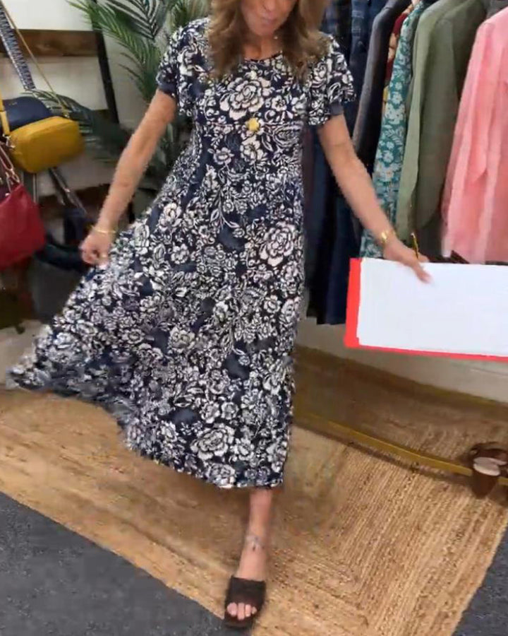 Amsterdamstyles® | Lange jurk met korte mouwen en bloemenprint