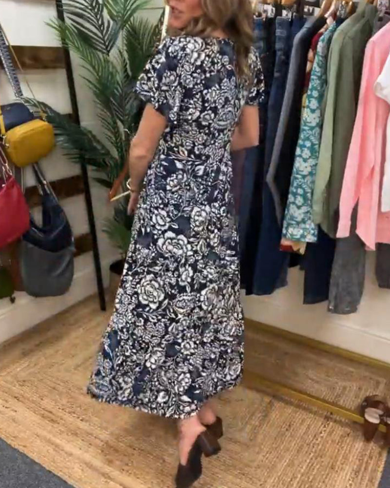 Amsterdamstyles® | Lange jurk met korte mouwen en bloemenprint