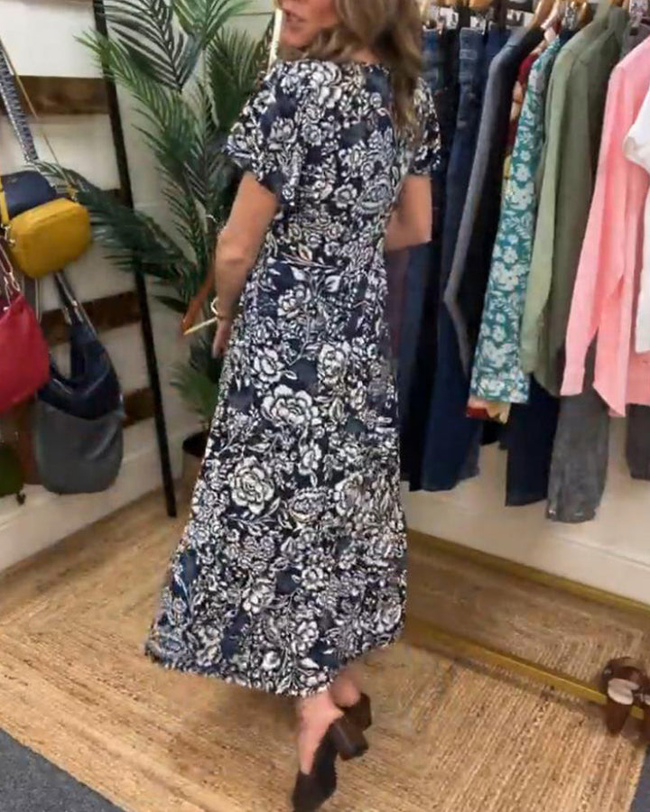 Amsterdamstyles® | Lange jurk met korte mouwen en bloemenprint