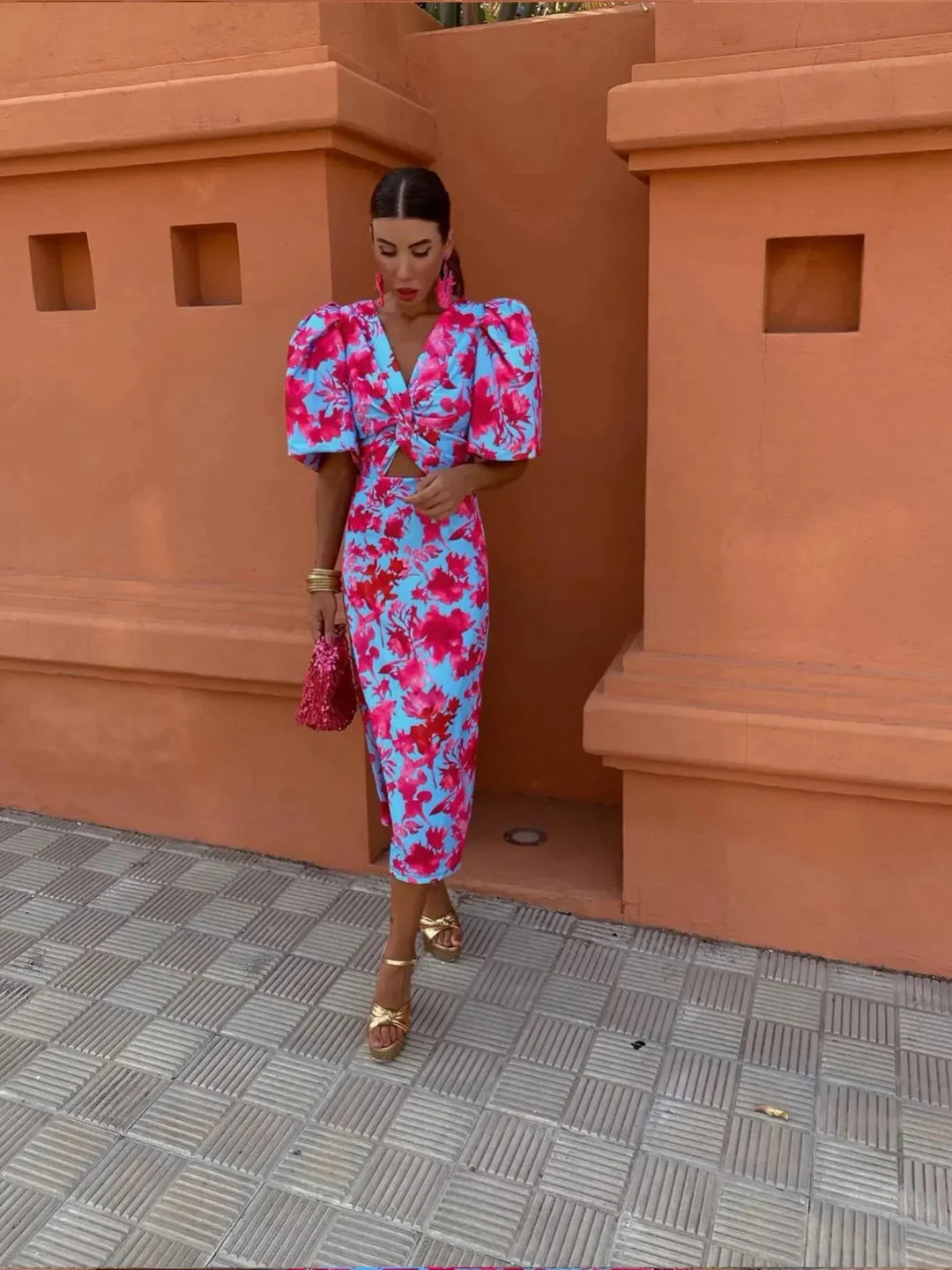 Amsterdamstyles® | Kleurrijke Jurk met Geplooide Mouwen